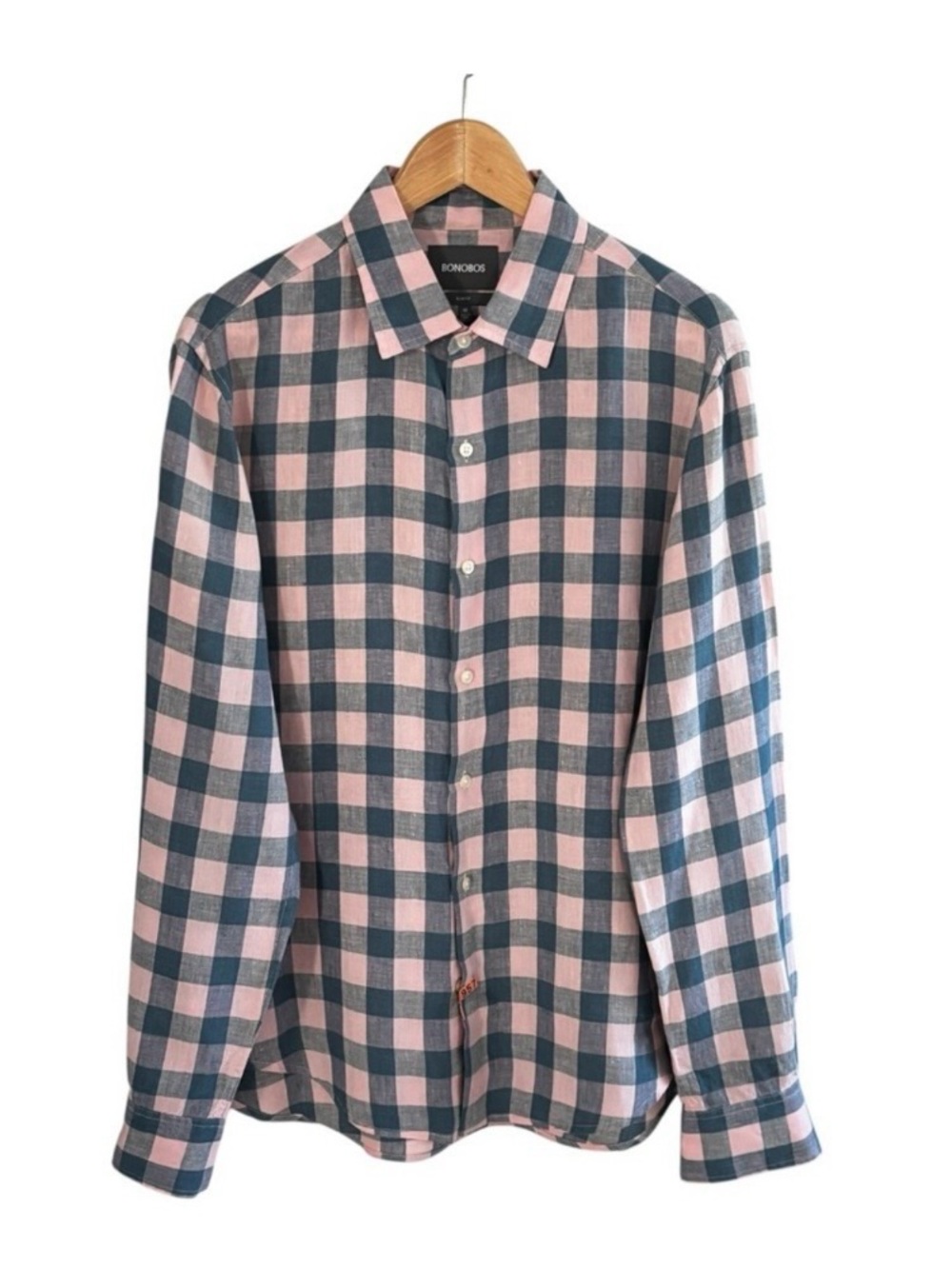 Bonobos Pink and Blue Plaid Button-Down Shirt M Linen Slim Fit